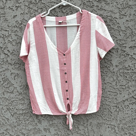 Roxy Tops - ROXY Striped Front Tie Short Sleeved V Neck Button Down Top